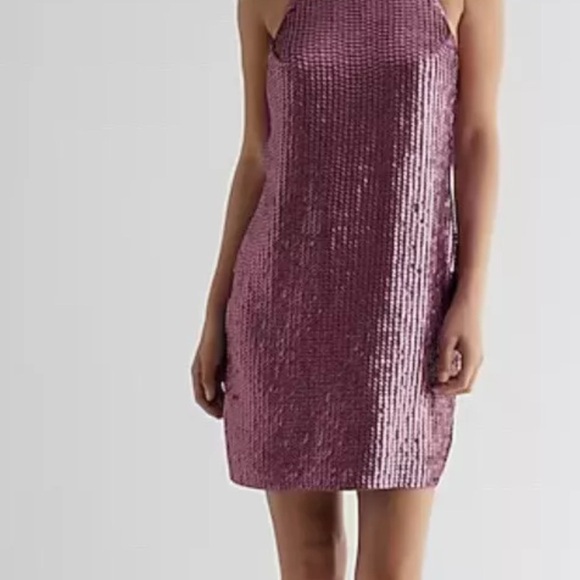 16. NWT Express Rose Pink Sequin Halter Neck Open Back Mini Dress Size L - Picture 1 of 8